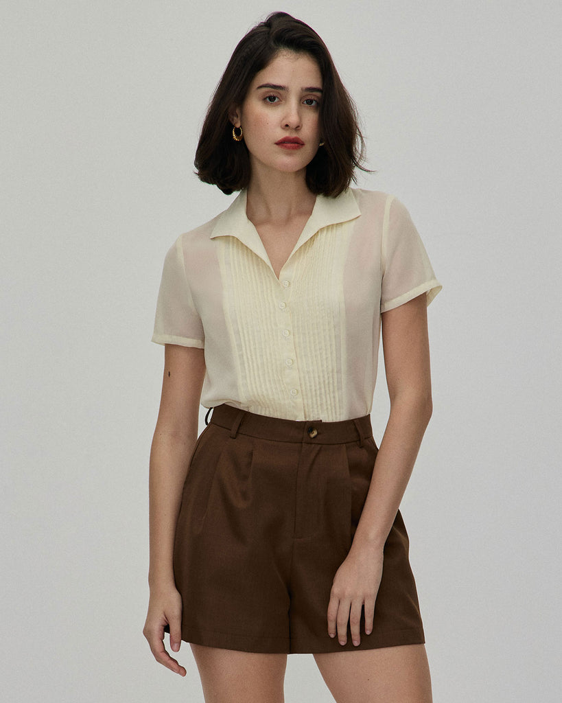 The Beige V Neck Pleated Chiffon Blouse