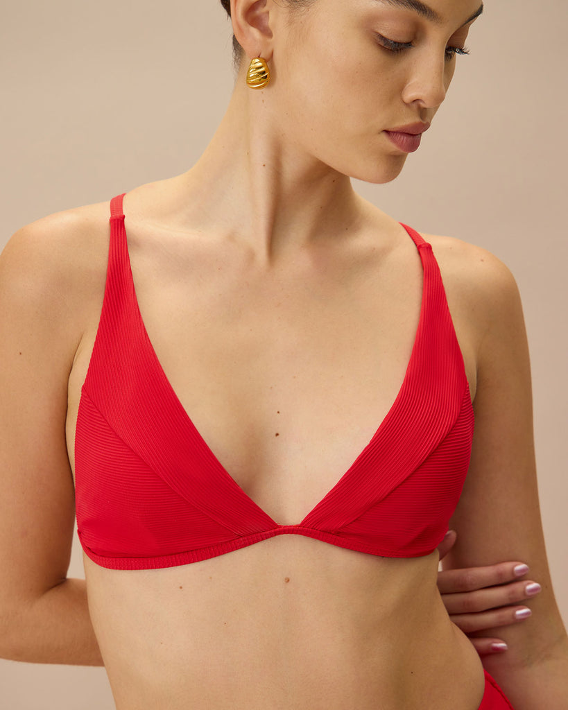 The Ribbed Cross Back Bikini Top Red Bikinis - RIHOAS