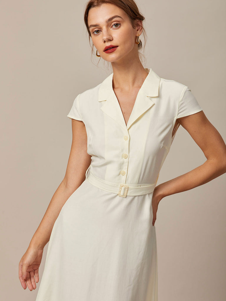 The Lapel Button Shirt Dress Beige Dresses - RIHOAS