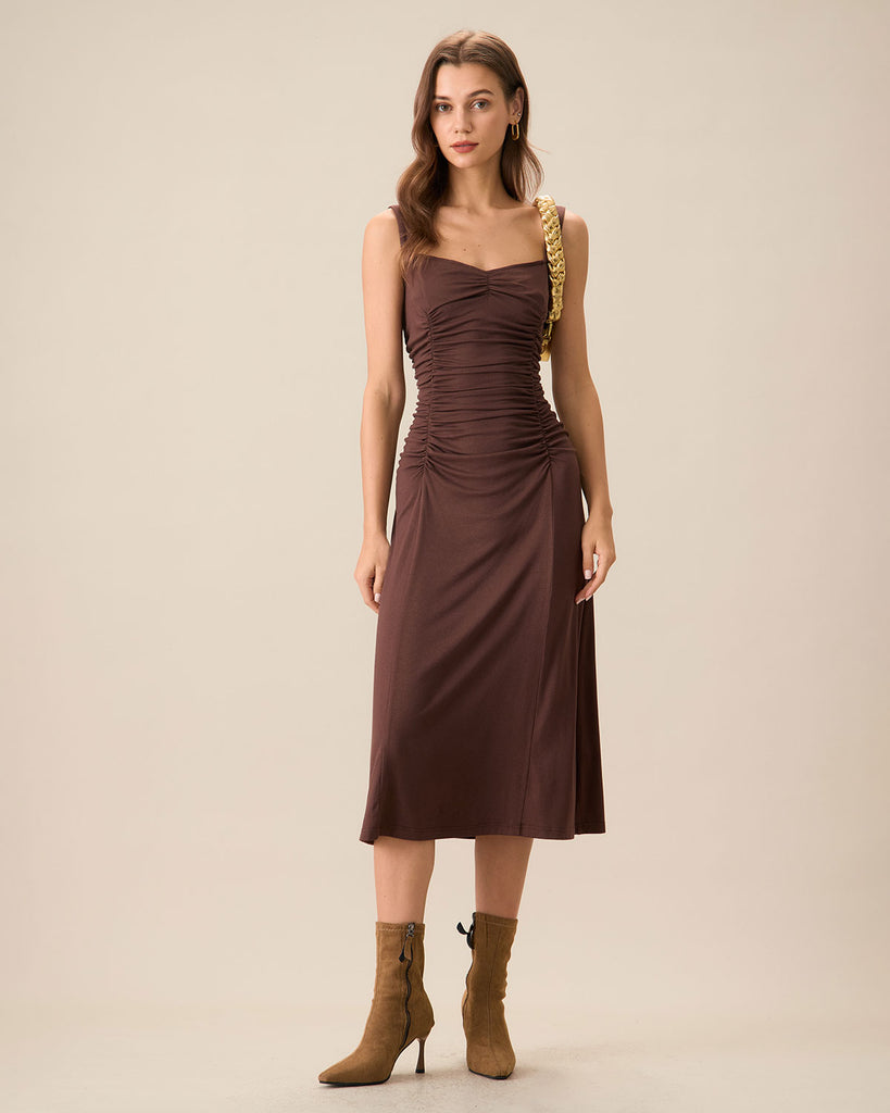 Women's Coffee Ruched Knitted Slip Midi Dress