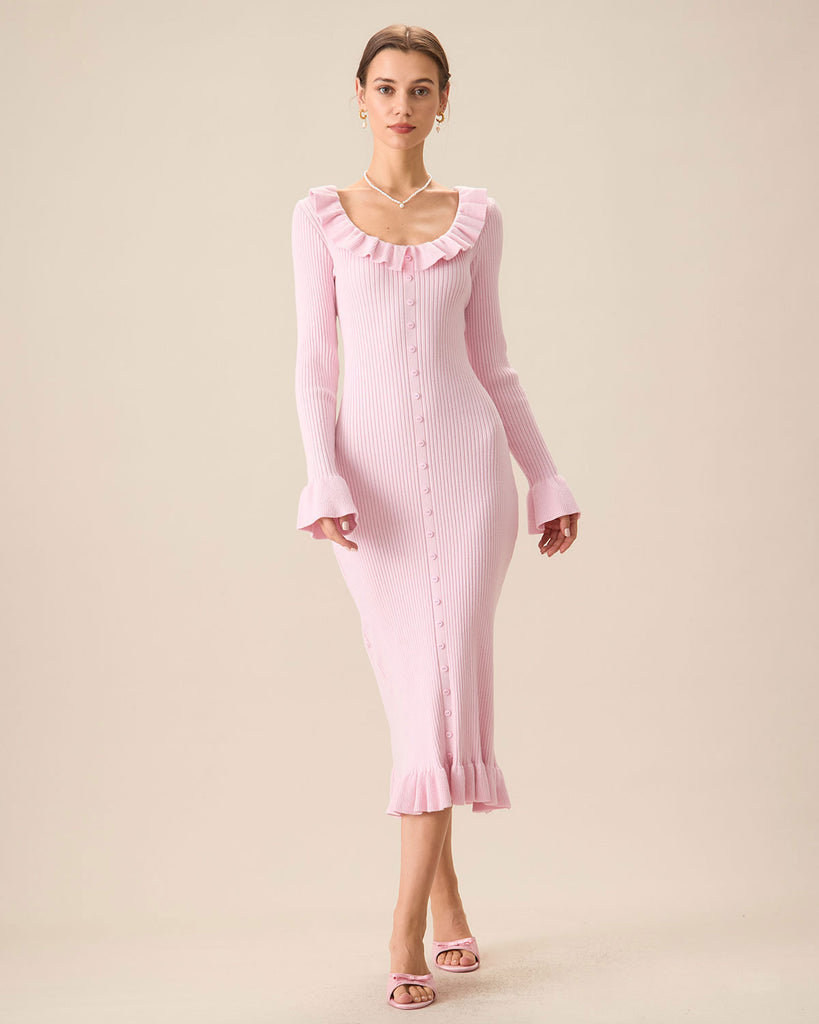 Women's Pink U-Neck Ruffle Bodycon Sweater Dress