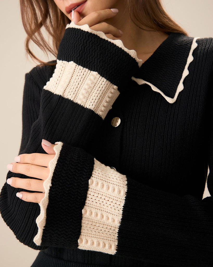 Women's Black Splicing Button Ribbed Cardigan