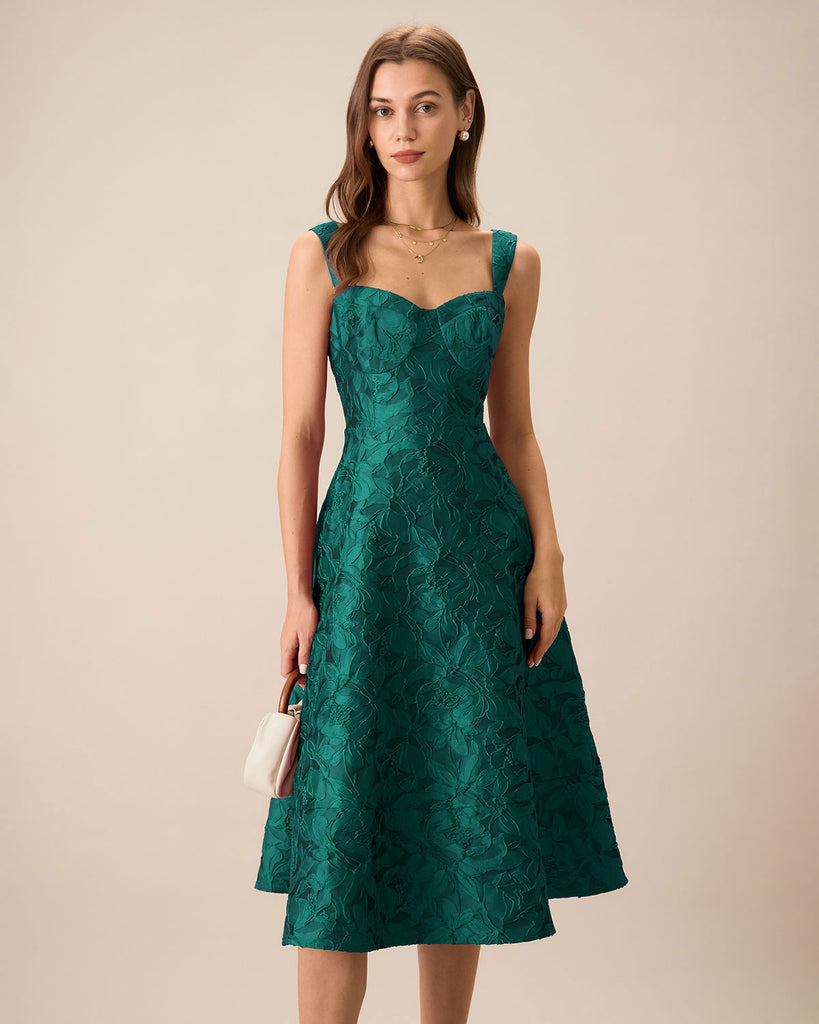 Green Sweetheart Neck Jacquard Midi Dress