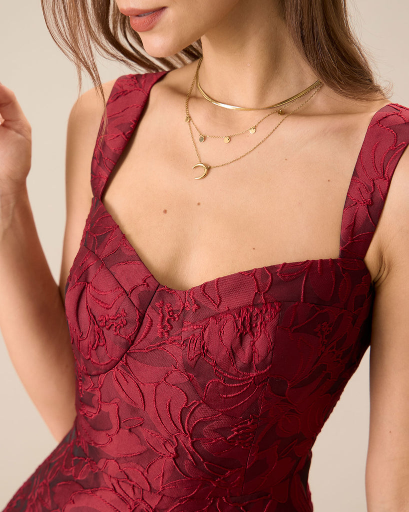 The Red Sweetheart Neck Jacquard Midi Dress