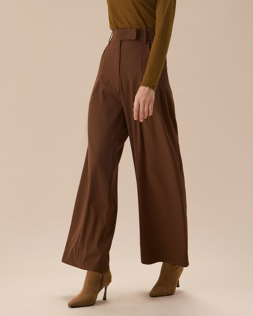 Brown High Waisted Pockets Straight Pants