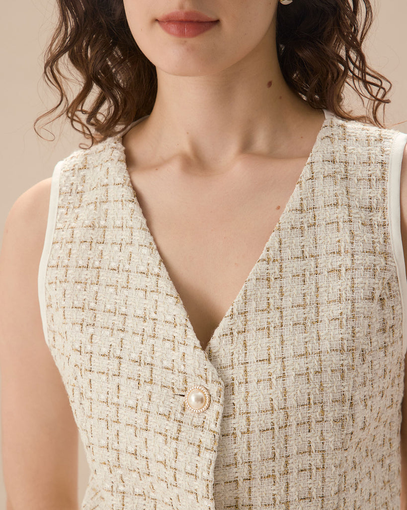 Women's Apricot V-Neck Buttoned Tweed Vest