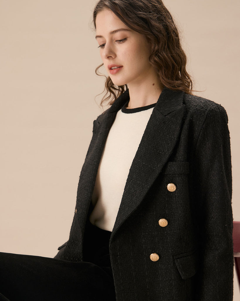 Women's Black Double-breasted Tweed Blazer