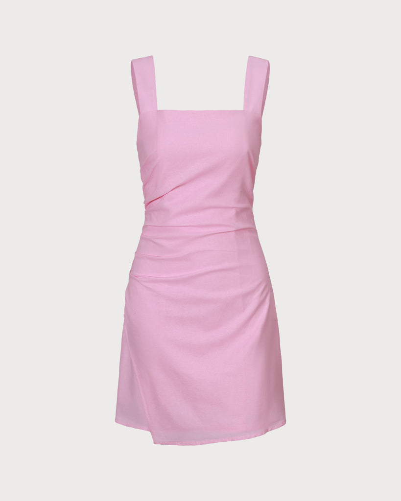 The Pink Square Neck Ruched Mini Dress Dresses - RIHOAS