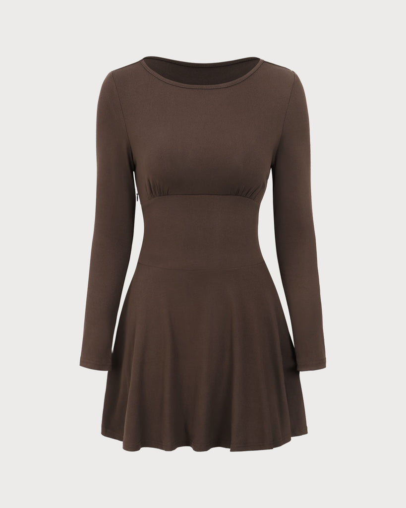 Brown Boat Neck Pleated Mini Dress