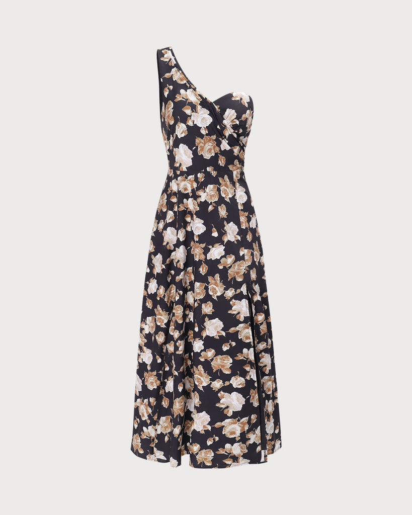 The Black One Shoulder Floral Maxi Dress Dresses - RIHOAS