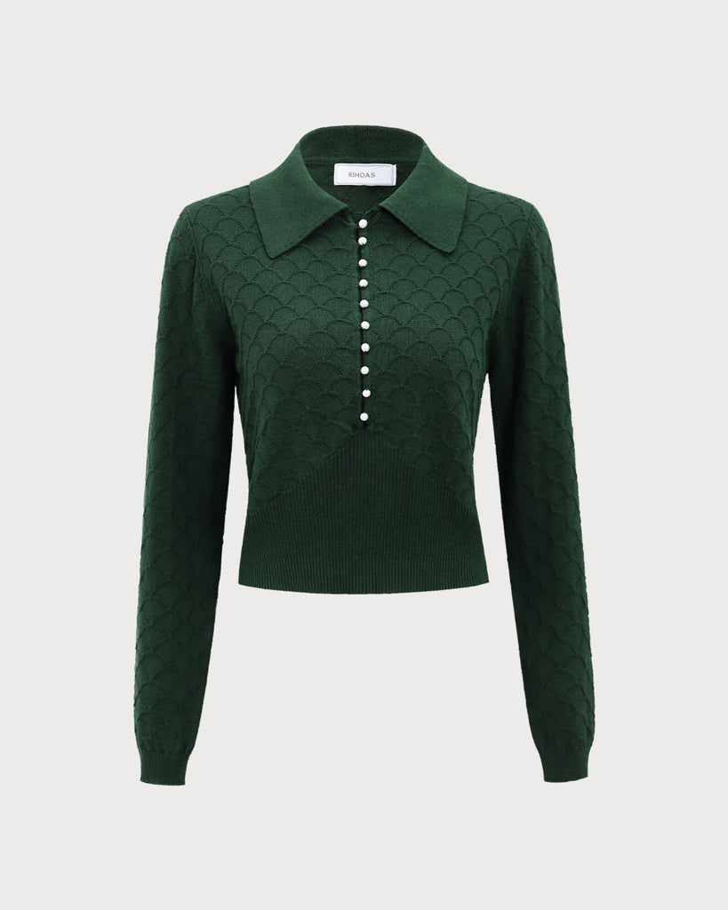 The Dark Green Lapel Ribbed Textured Knit Top