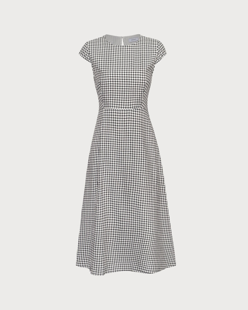 The Black Round Neck Cap Sleeve Plaid Midi Dress Dresses - RIHOAS