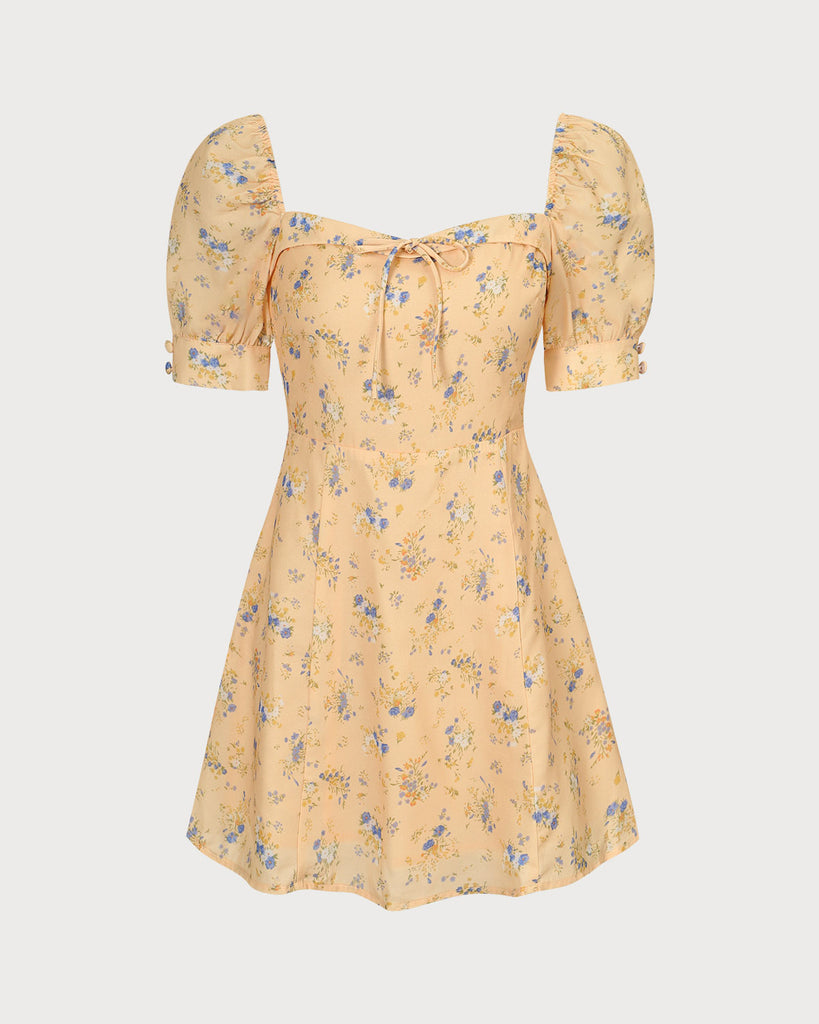 The Yellow Sweetheart Neck Floral Mini Dress Dresses - RIHOAS