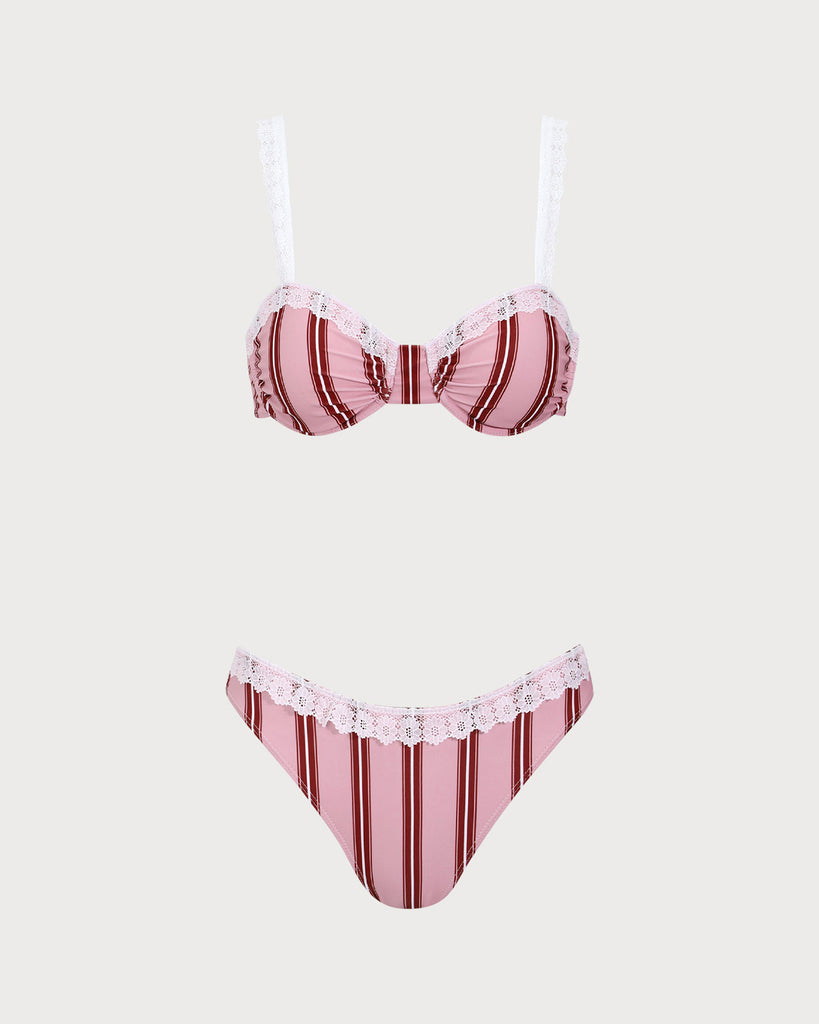 Pink Striped Underwired Lace Bikini Set