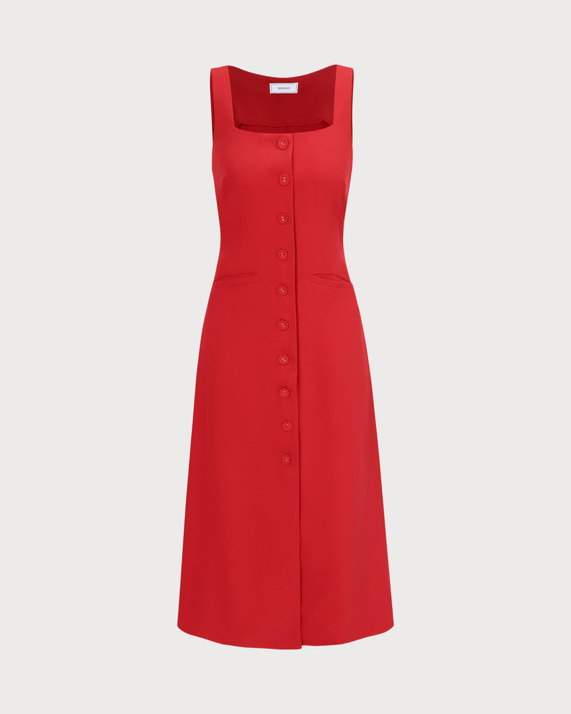 The Red Square Neck Pocket Front Midi Dress Dresses - RIHOAS