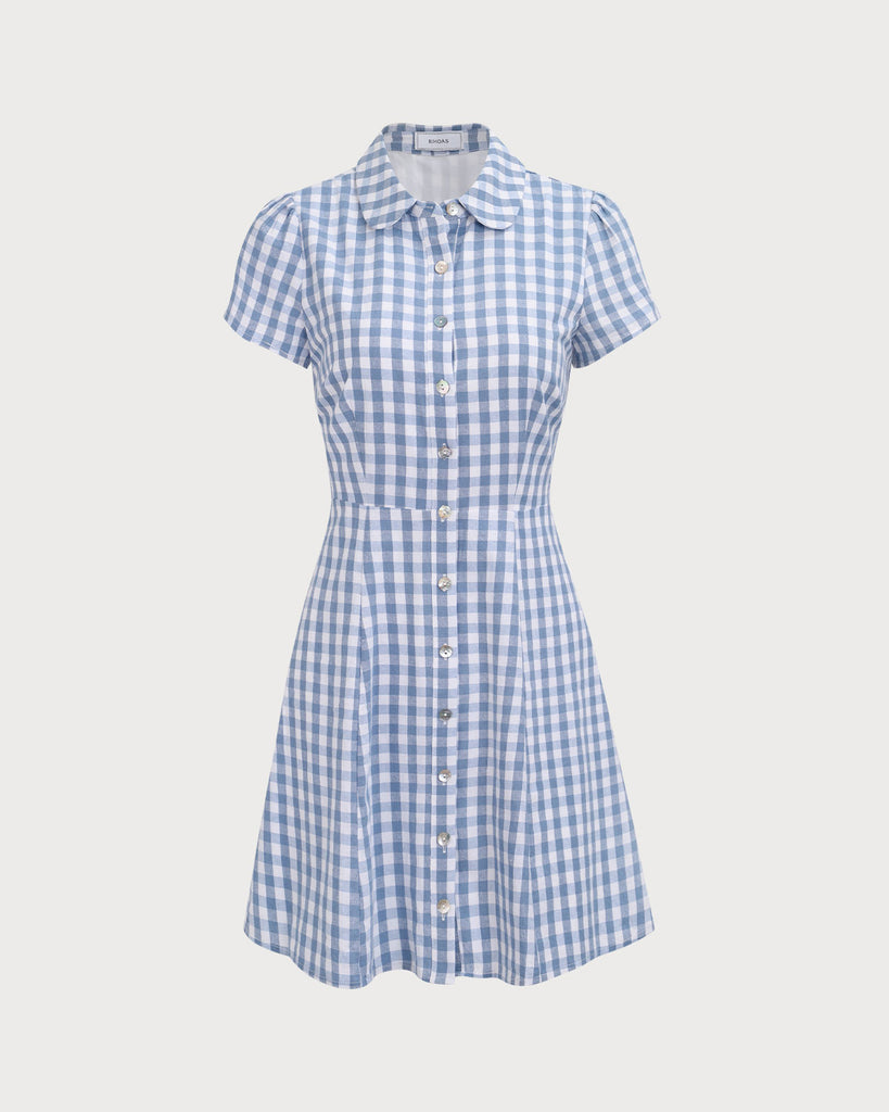 Women's Blue Plaid Lapel Cotton Mini Dress