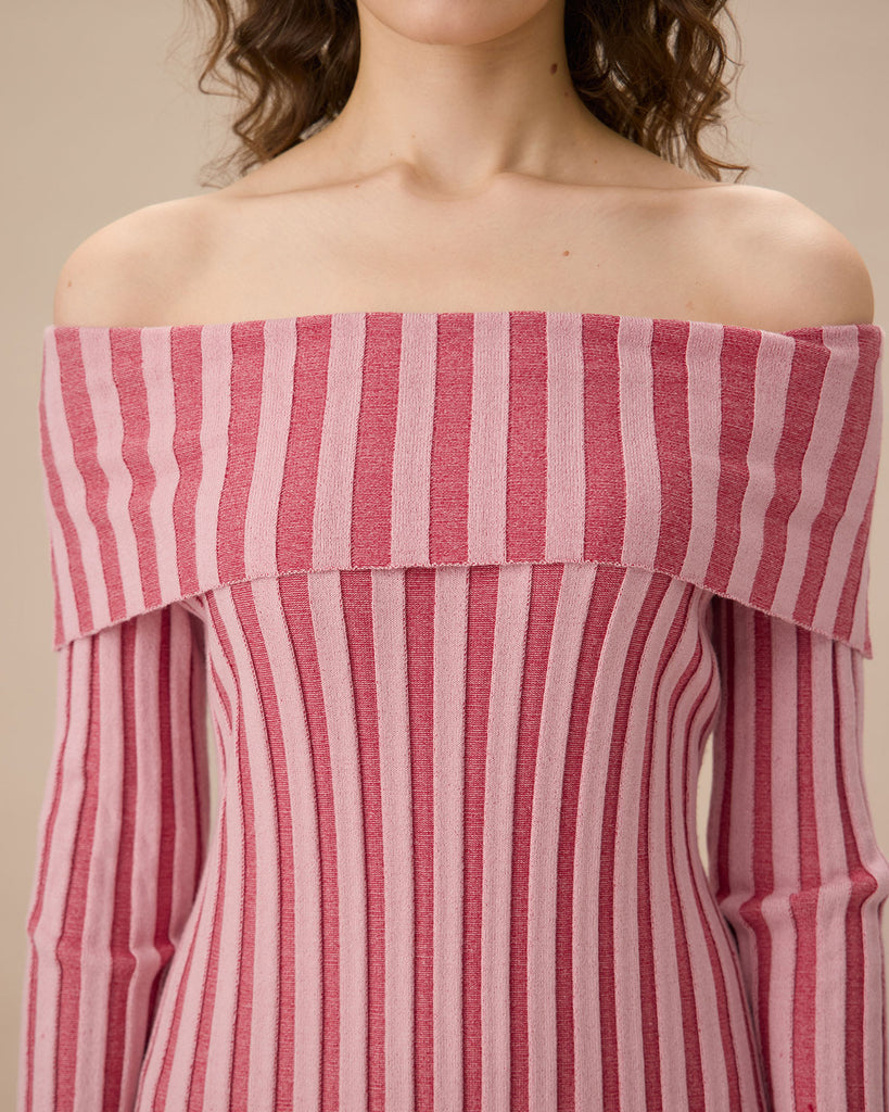 Pink Striped Off The Shoulder Bodycon Sweater Dress