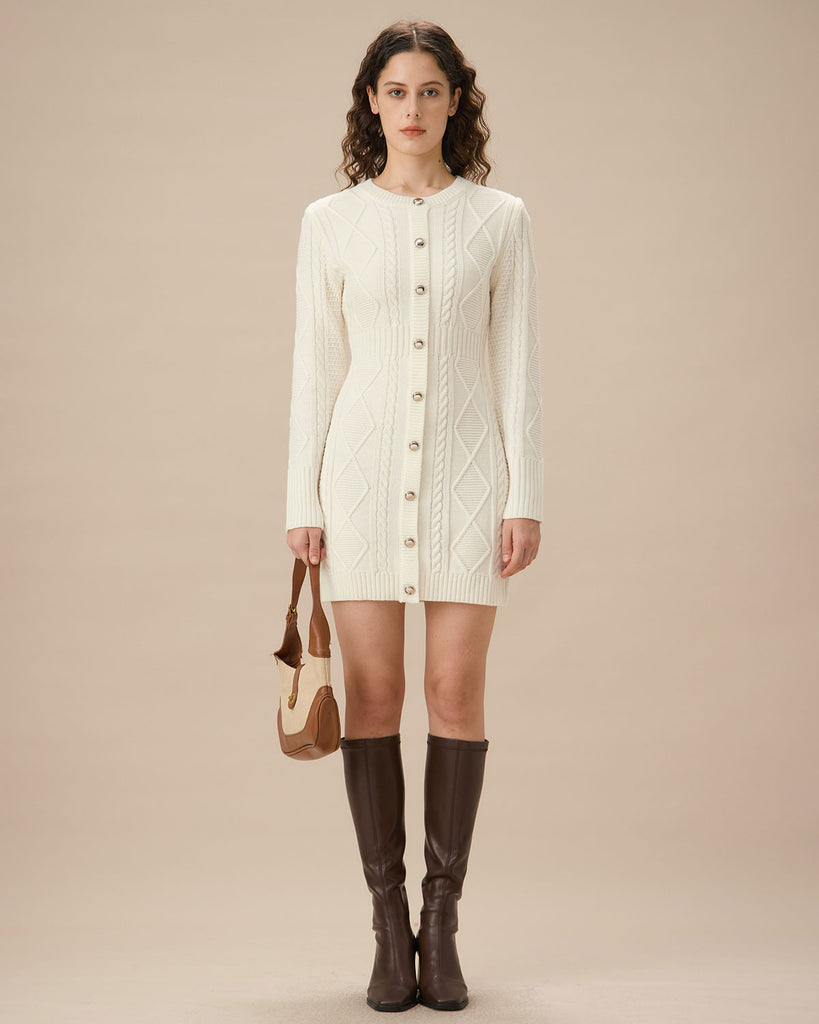 White Round Neck Bodycon Sweater Dress