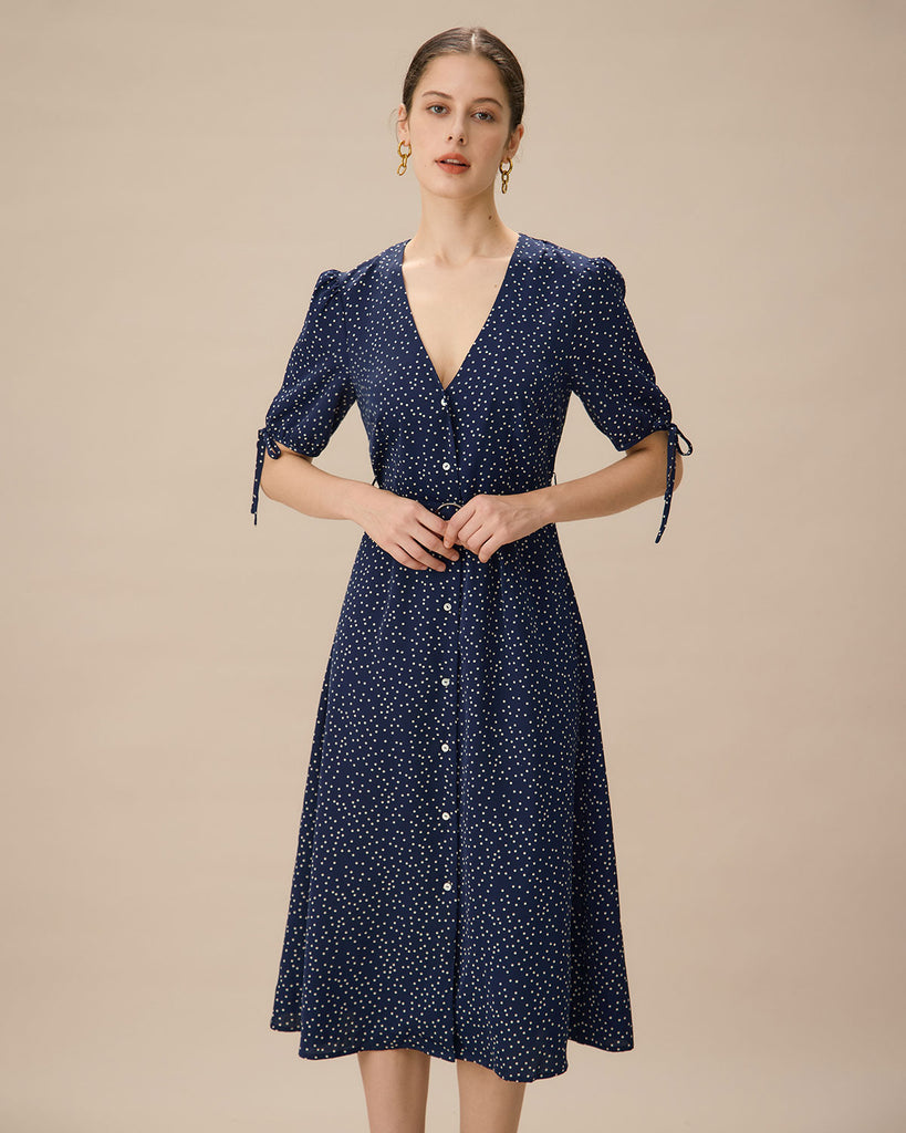 Navy Polka Dot Belted Midi Dress