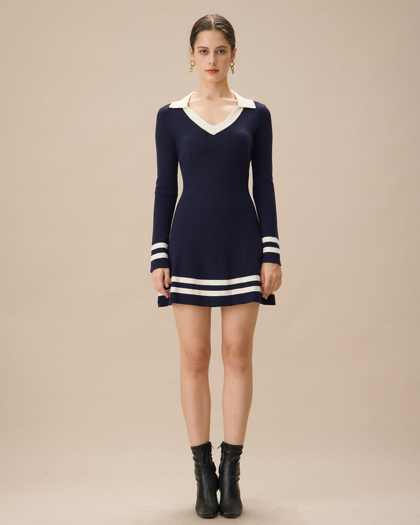 Navy Contrasting V Neck Striped Sweater Dress