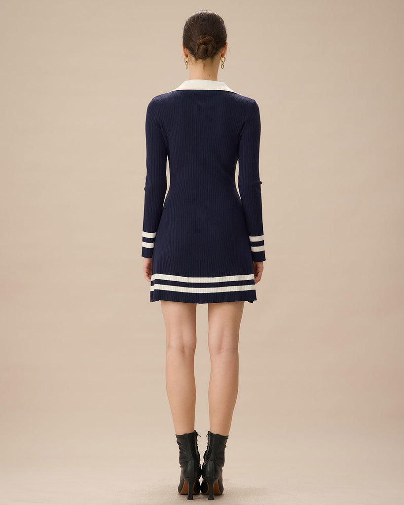 Navy Contrasting V Neck Striped Sweater Dress