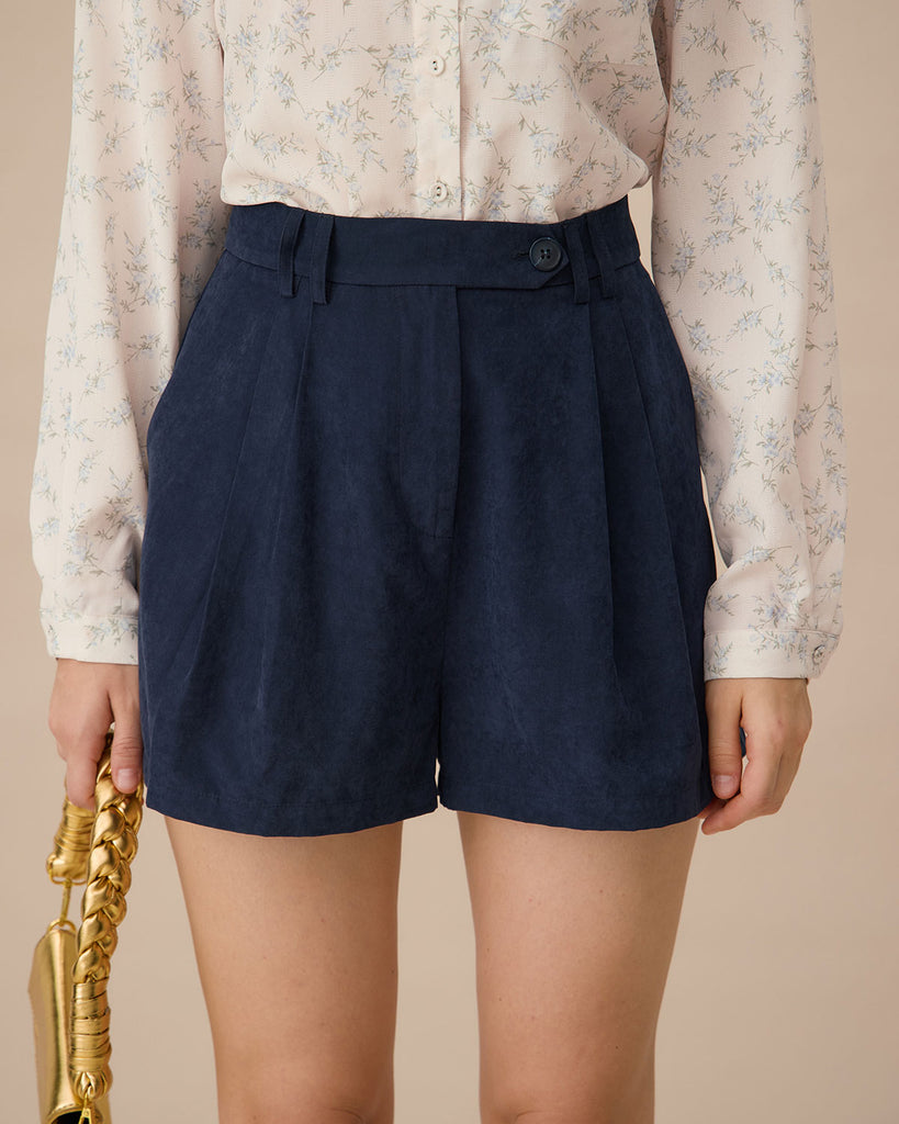 Navy High-waisted Suede Pleated Shorts