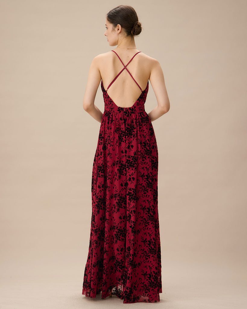 Red Floral Flocked Mesh Slit Maxi Dress