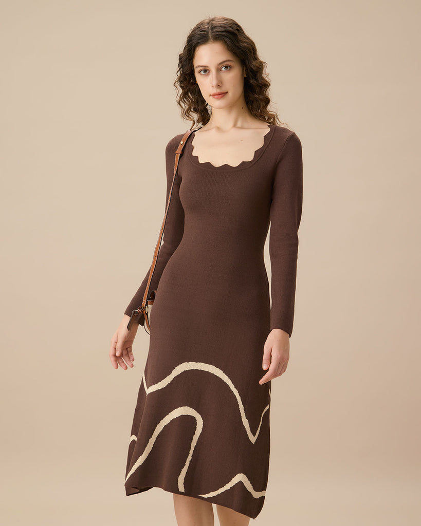 Coffee Wave Scalloped Sweater Midi Dress