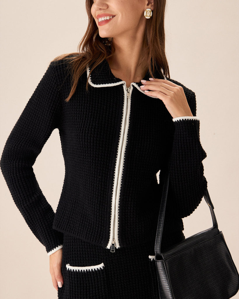 Black Contrasting Slim Zipper Cardigan