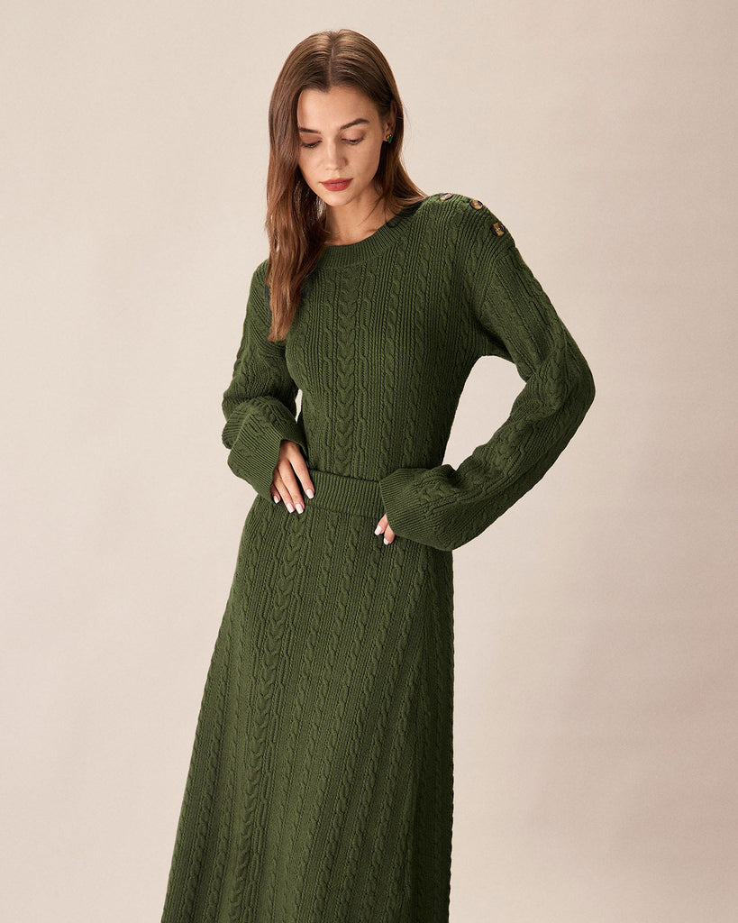 Green Elastic Waist Knit Midi Skirt