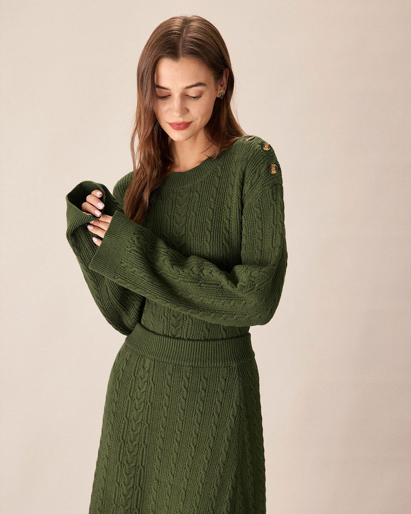 Green Round Neck Loose Button Sweater