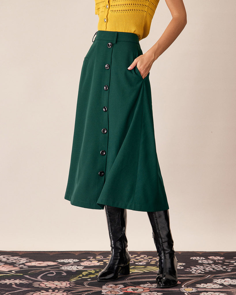 Green High-waisted Button Midi Skirt