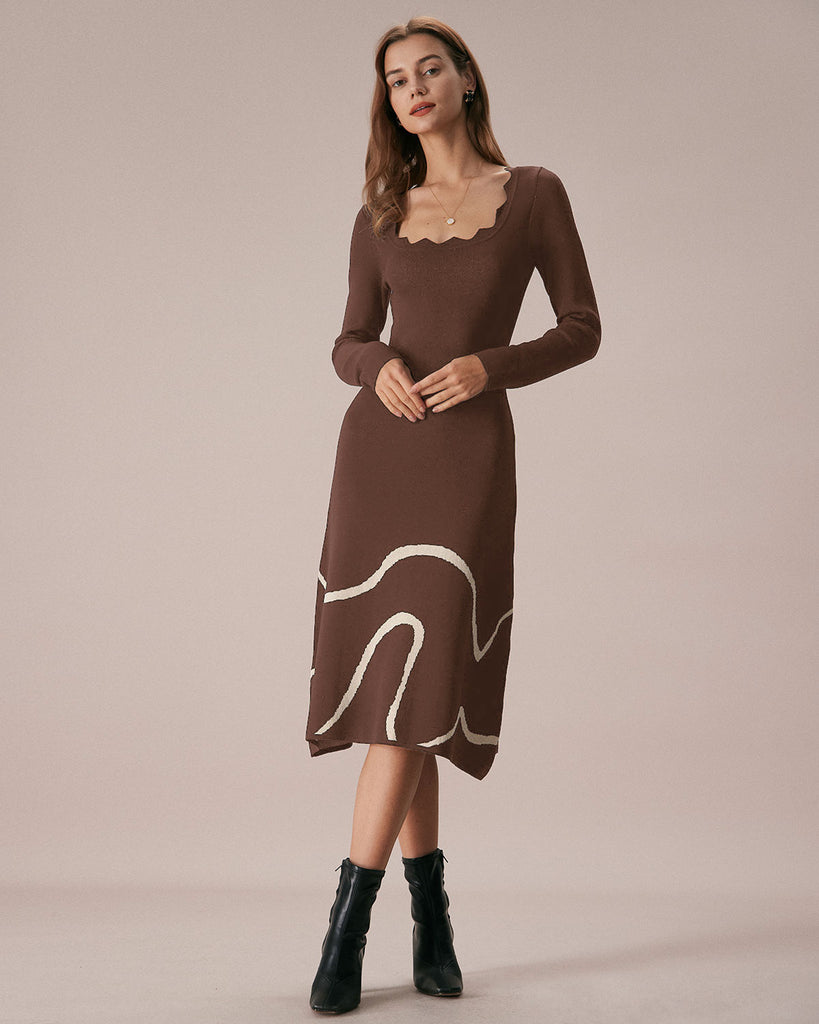 Coffee Wave Scalloped Sweater Midi Dress