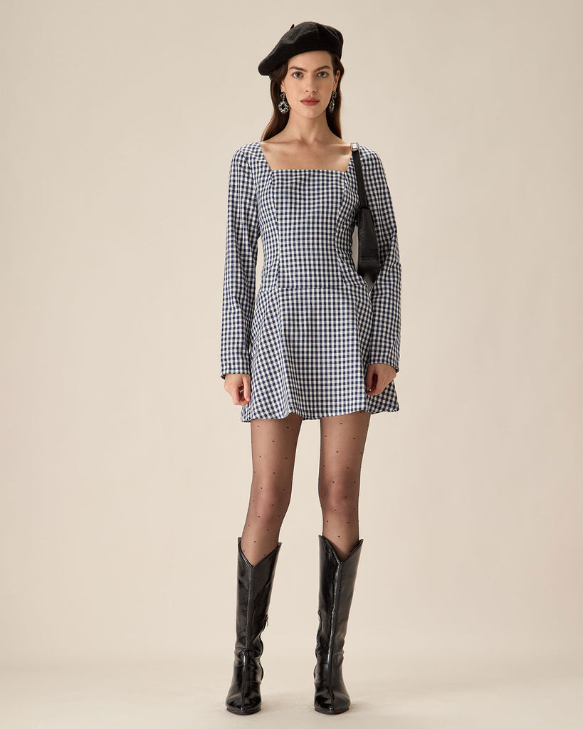 Navy Square Neck Plaid Mini Dress