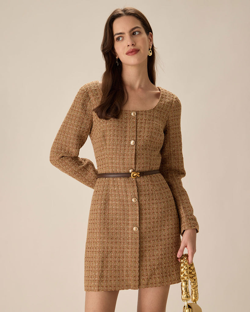 Brown U Neck Button-Up Tweed Mini Dress