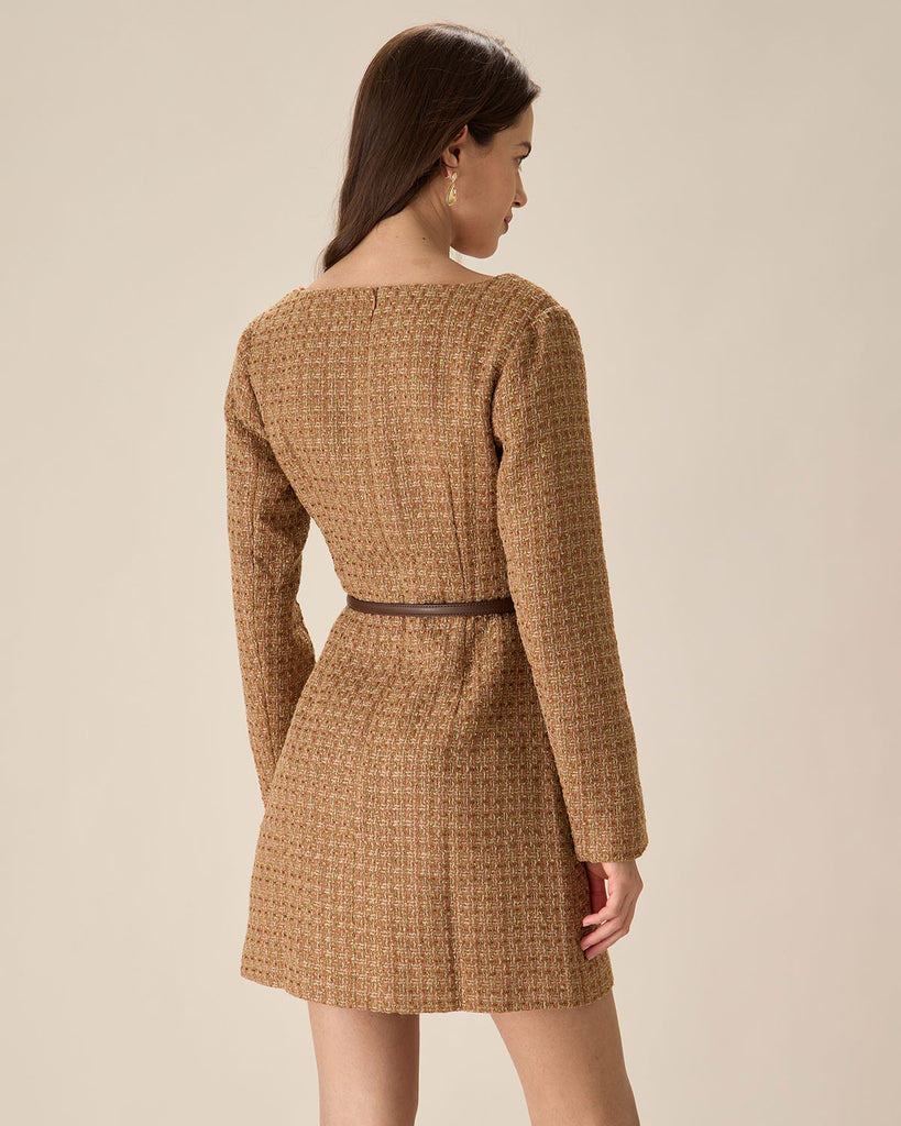 Brown U Neck Button-Up Tweed Mini Dress