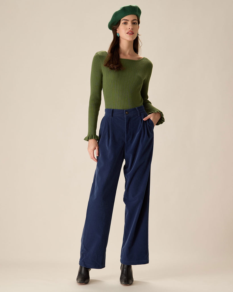 Green Boat Neck Ruffle Slim Tee