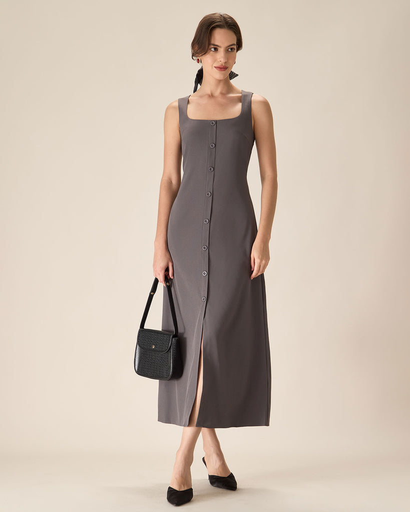 Grey U Neck Tie Back Sleeveless Maxi Dress