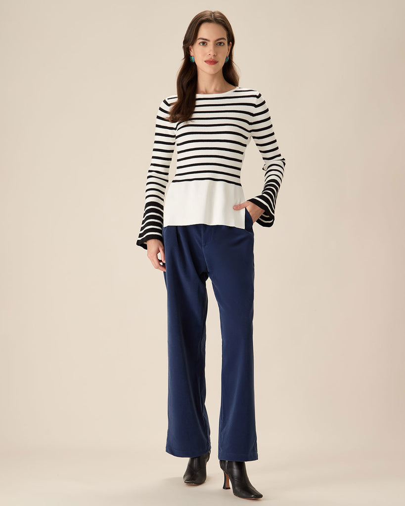 White Striped Boat Neck Sweater