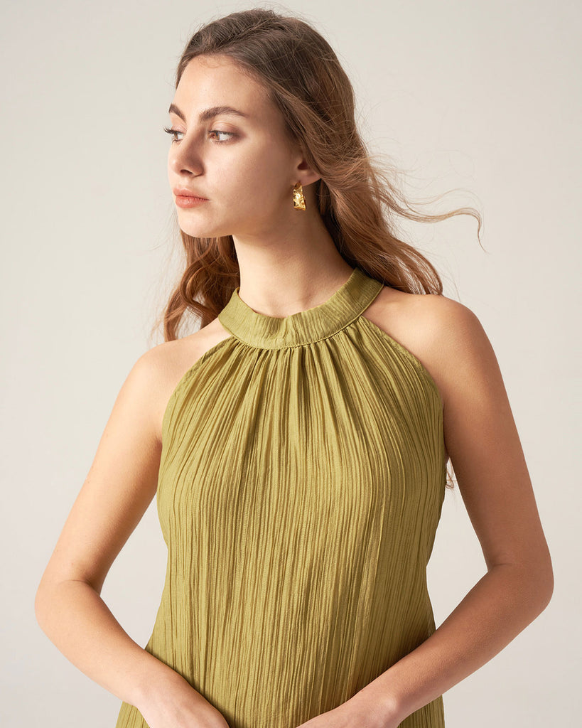 Green Ruffle Tie Neck Midi Dress