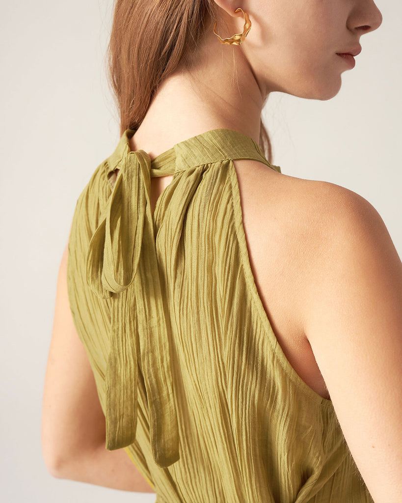 Green Ruffle Tie Neck Midi Dress