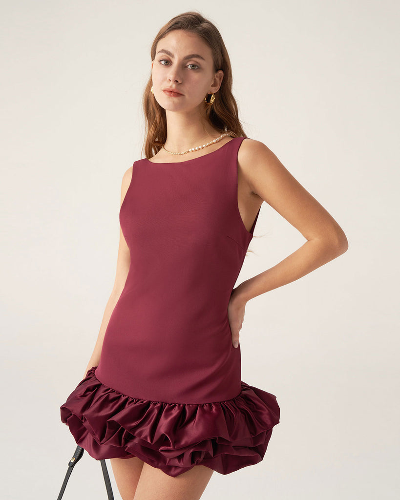 Wine Red Boat Neck Satin Mini Dress