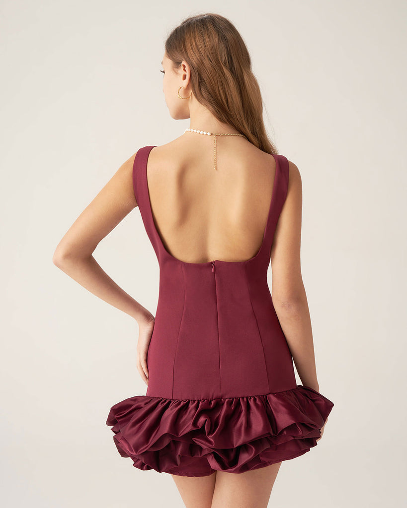 Wine Red Boat Neck Satin Mini Dress