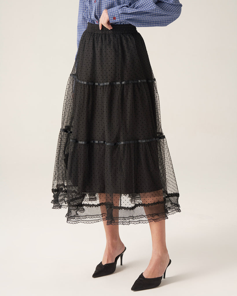 Black Mesh Tiered Midi Skirt