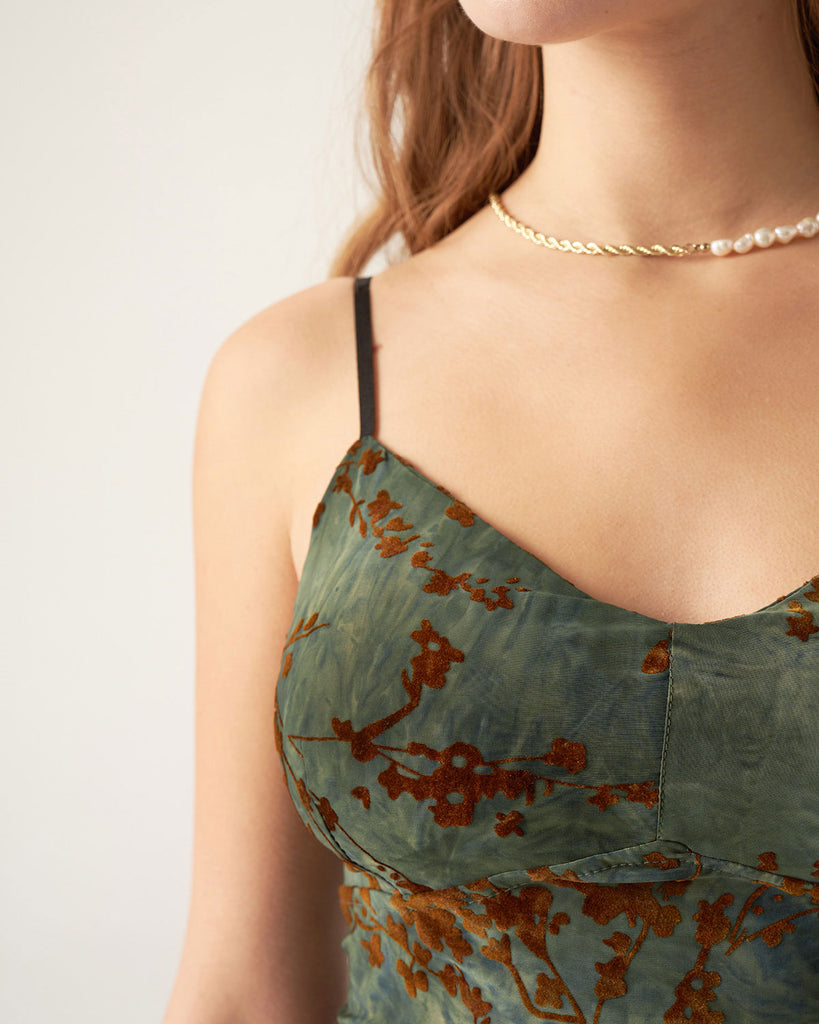 Green Floral V Neck Camis