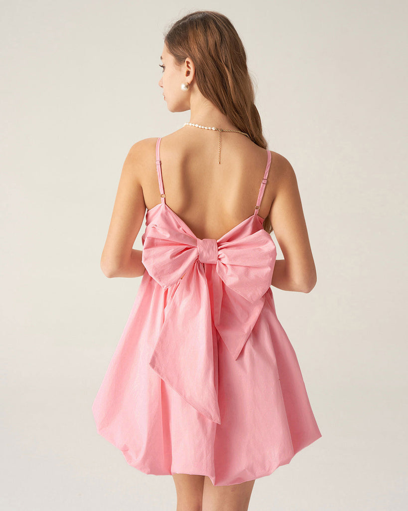 Pink Bowknot Ruched Slip Mini Dress