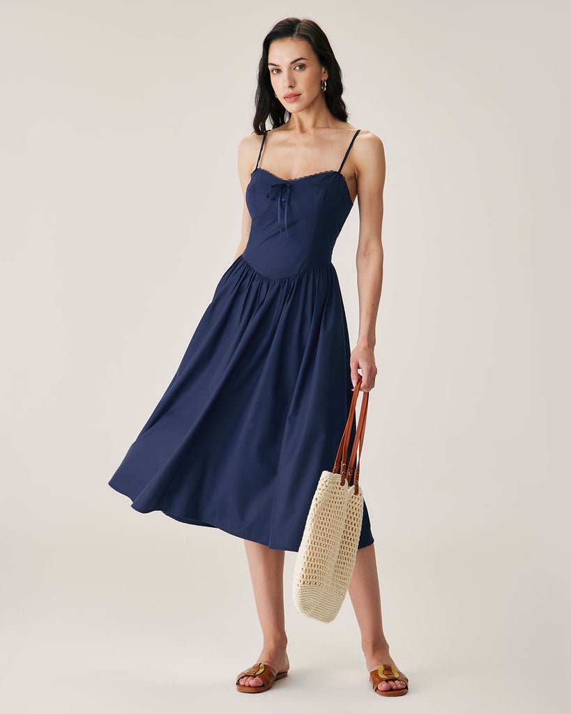 Navy Shirred Slip Midi Dress