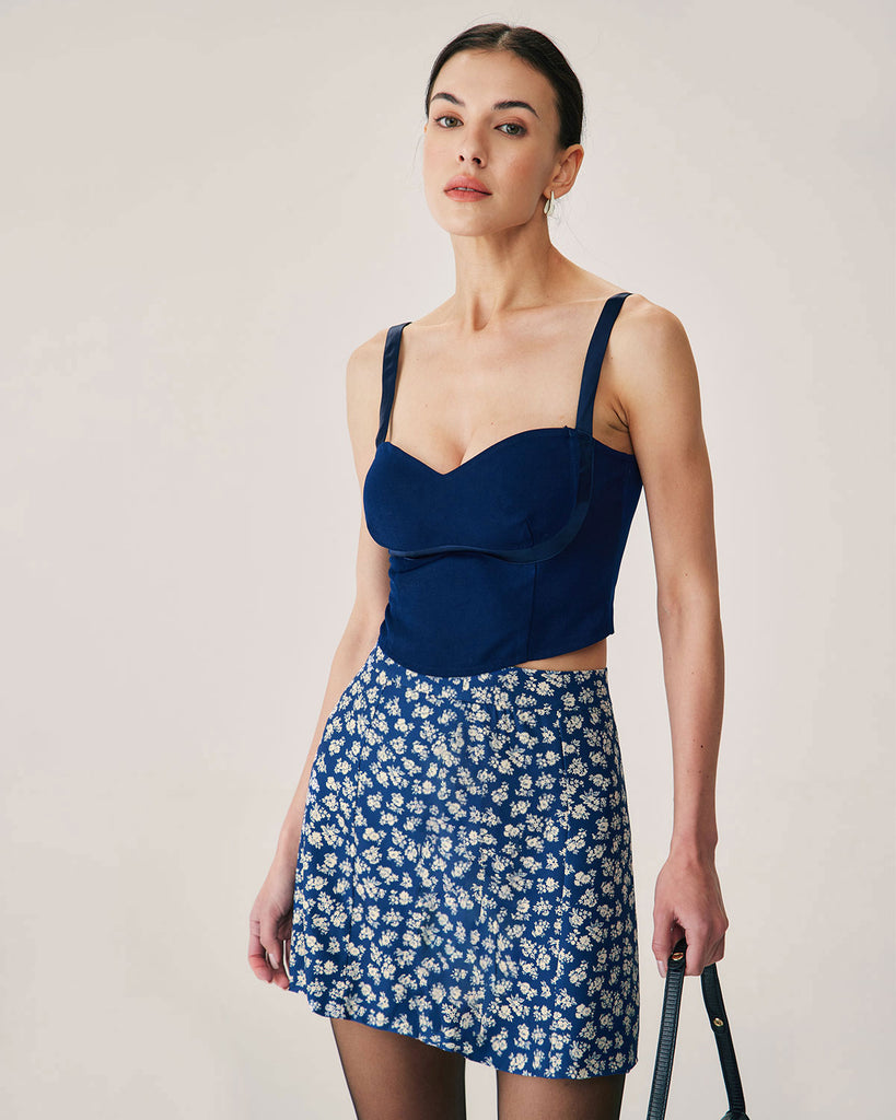 Navy Floral A-Line Mini Skirt