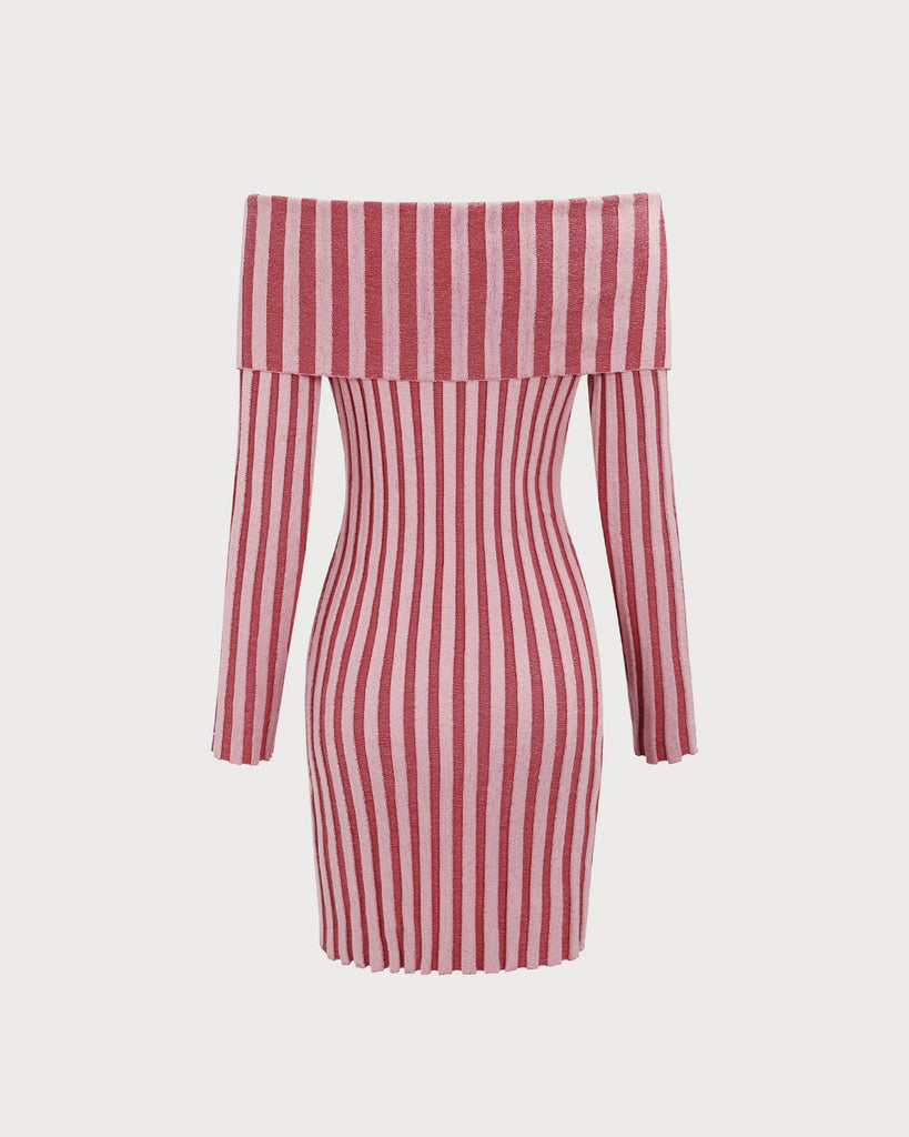 Pink Striped Off The Shoulder Bodycon Sweater Dress