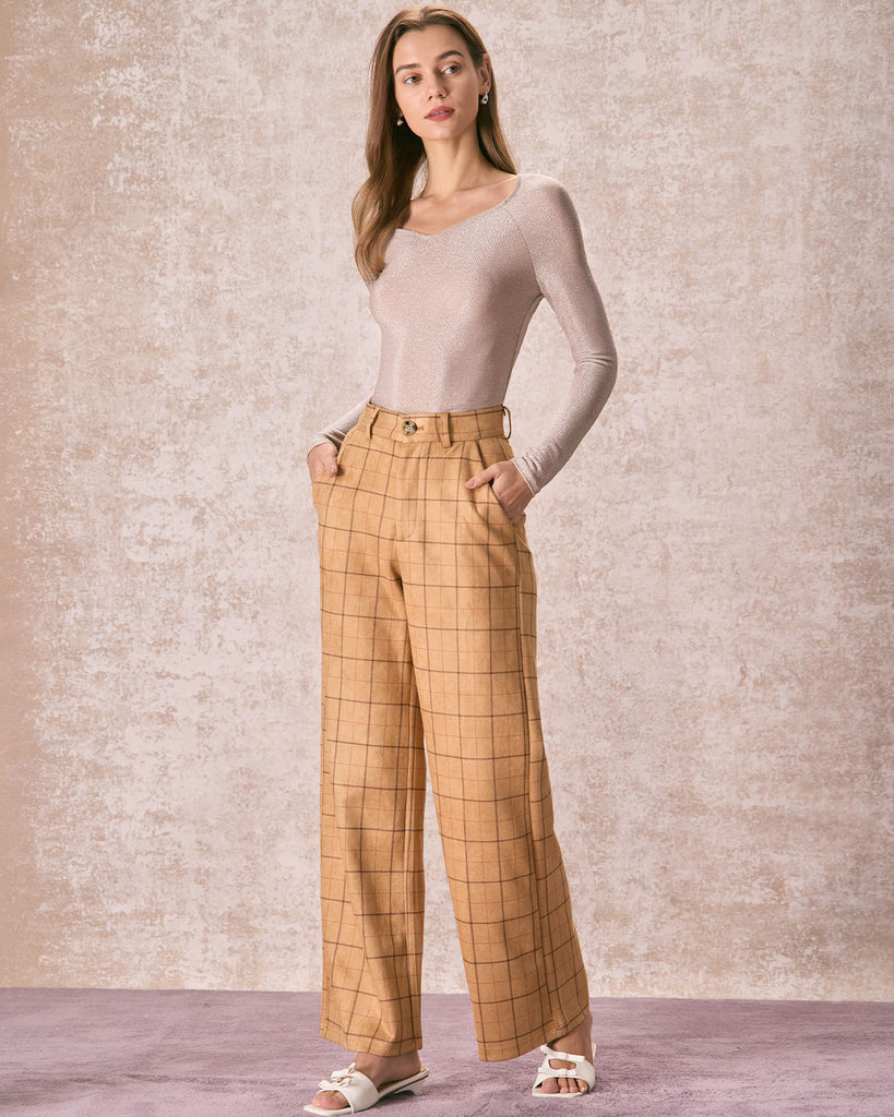 The Khaki Plaid Wide Leg Pants Bottoms - RIHOAS